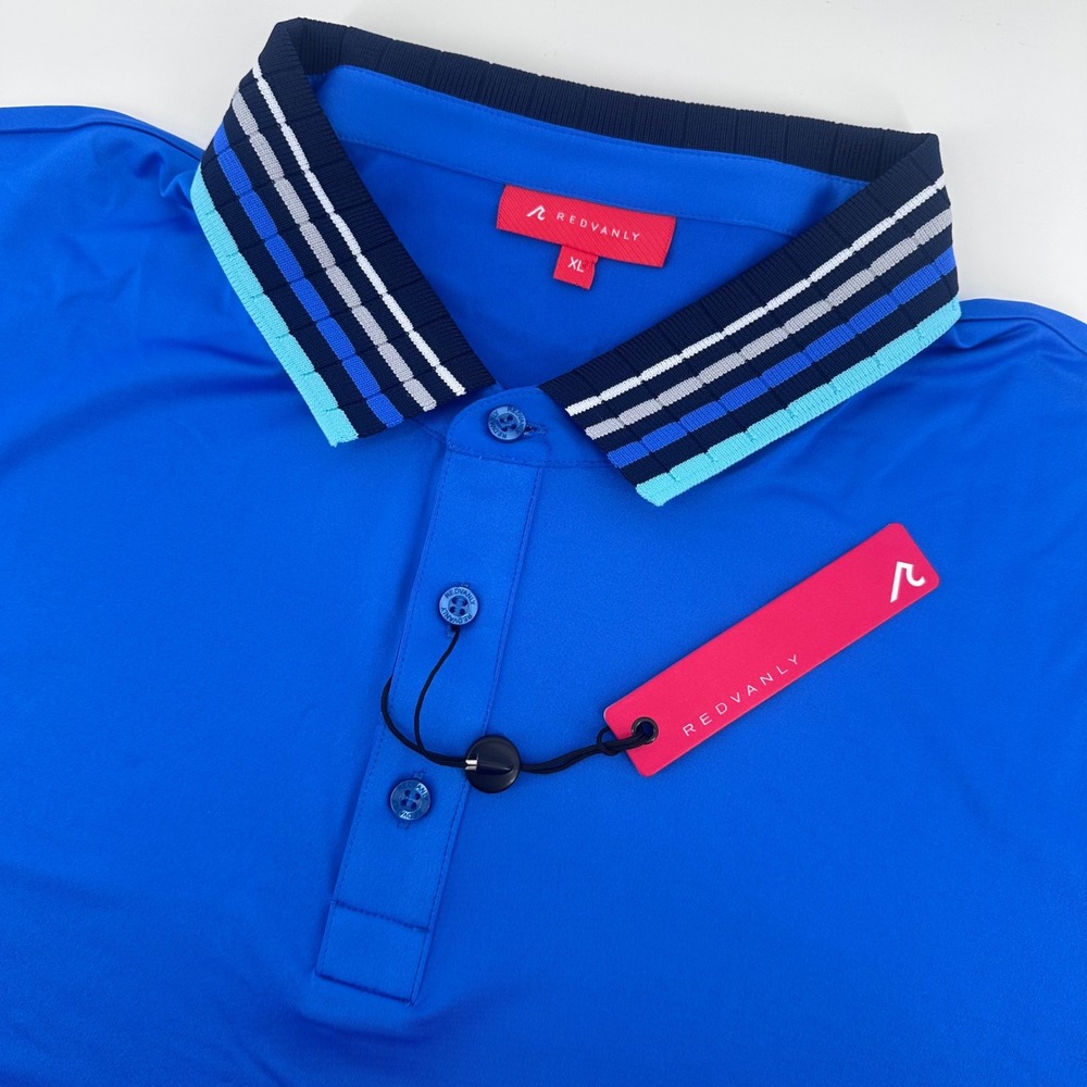Redvanly Mael Polo Mens XL Marine Blue Striped Collar Performance Golf Shirt NWT